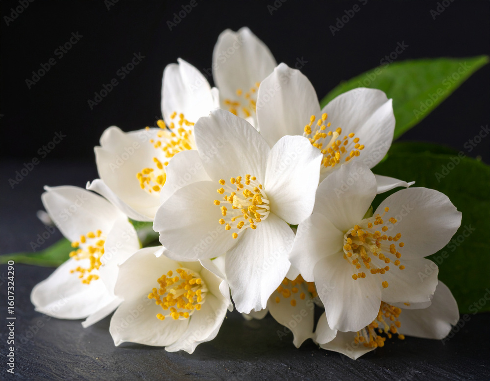 Obraz premium Jasmine Flowers Close-Up: White Petals and Yellow Stamens on Dark Background