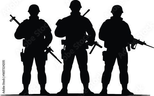 Three Armed Soldiers Silhouette: Security, Military, Protection, Serious, Black and White Vector Graphic