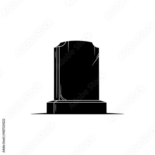A simple black gravestone stands silently, isolated on white background