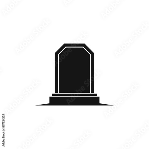 A simple black tombstone stands silently, isolated on white background