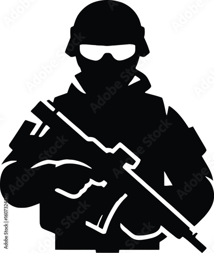 Armed Forces Soldier Silhouette:  Serious, Black and White Vector Graphic