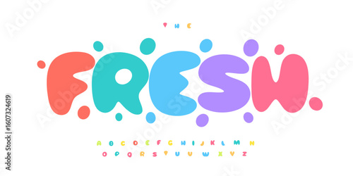 Colorful bubble font, lush rounded letters, sweet zingy alphabet, playful cartoon typeface, juicy kid branding typography, chubby typographic design, popcorn typeface. Vector typeset