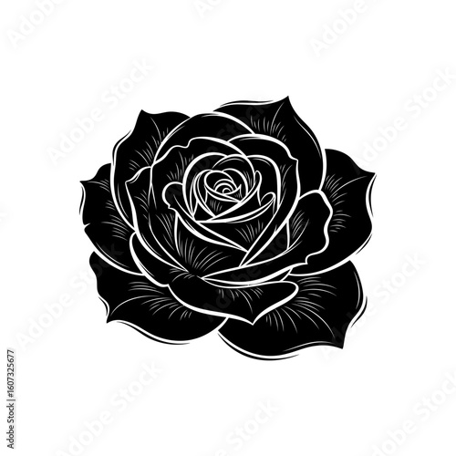 A velvety rose blooms, its petals a symphony of shadow and light, isolated on white background