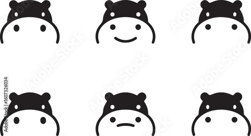Black hippopotamus faces with varying expressions animal white