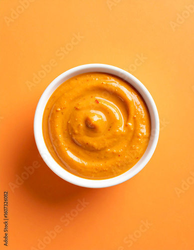 Overhead View of peanut Sauce in White Bowl on Orange Background