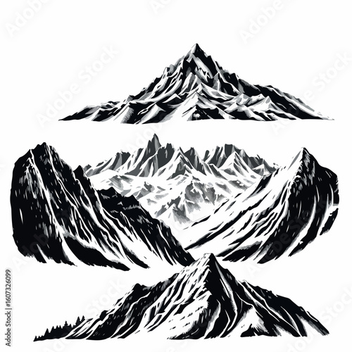Bold mountain formations with rugged texture, ideal for graphic, adventure themes
