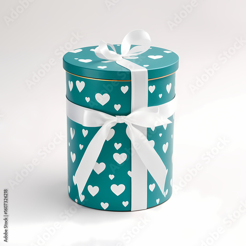 Teal Cylindrical Gift Box with White Ribbon and Heart Pattern  