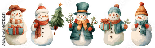 Watercolor christmas snowman set. Winter cute characters snow man with top hat, scarf, christmas tree, clothes. Card vector elements