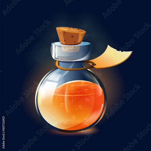Cartoon potion in a glass bottle with a cork. Magic elixir for Halloween. Game icon. Glass bottle with orange liquid. Vector illustration.