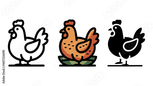 Three Style Chicken Icons: Outline, Filled, and Silhouette; Farm Animal Graphics; Vector Illustration