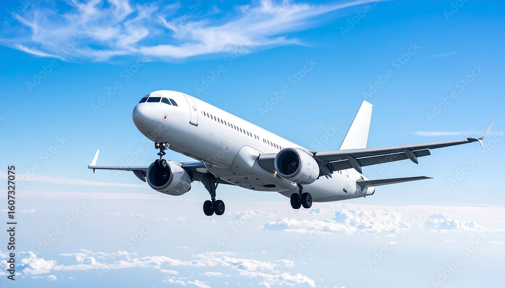 White jetliner in flight above fluffy clouds White jetliner in flight above fluffy clouds
