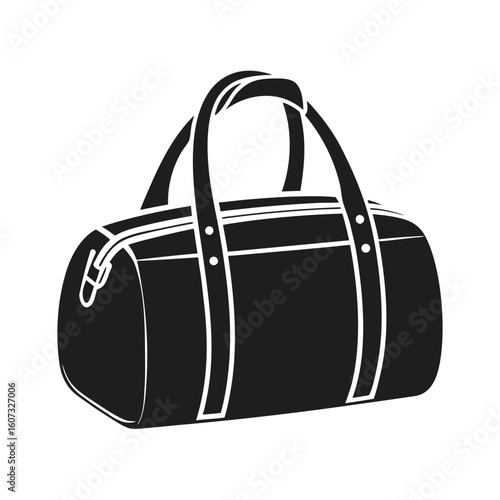 Black duffel bag with white stitching and handles on white background vector