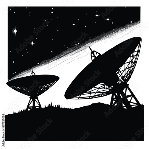 Silhouette of two large radio telescopes on a grassy hill under a starry night sky with a bright celestial band