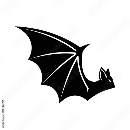A black bat is flying, isolated on white background, its wings spread wide
