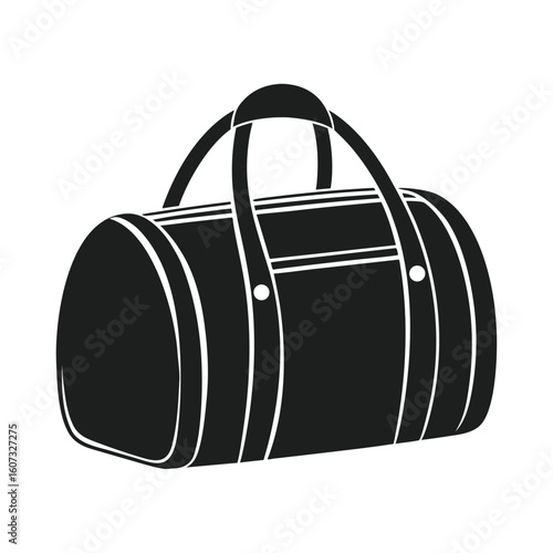 Black duffel bag with white trim and handles on white background travel luggage