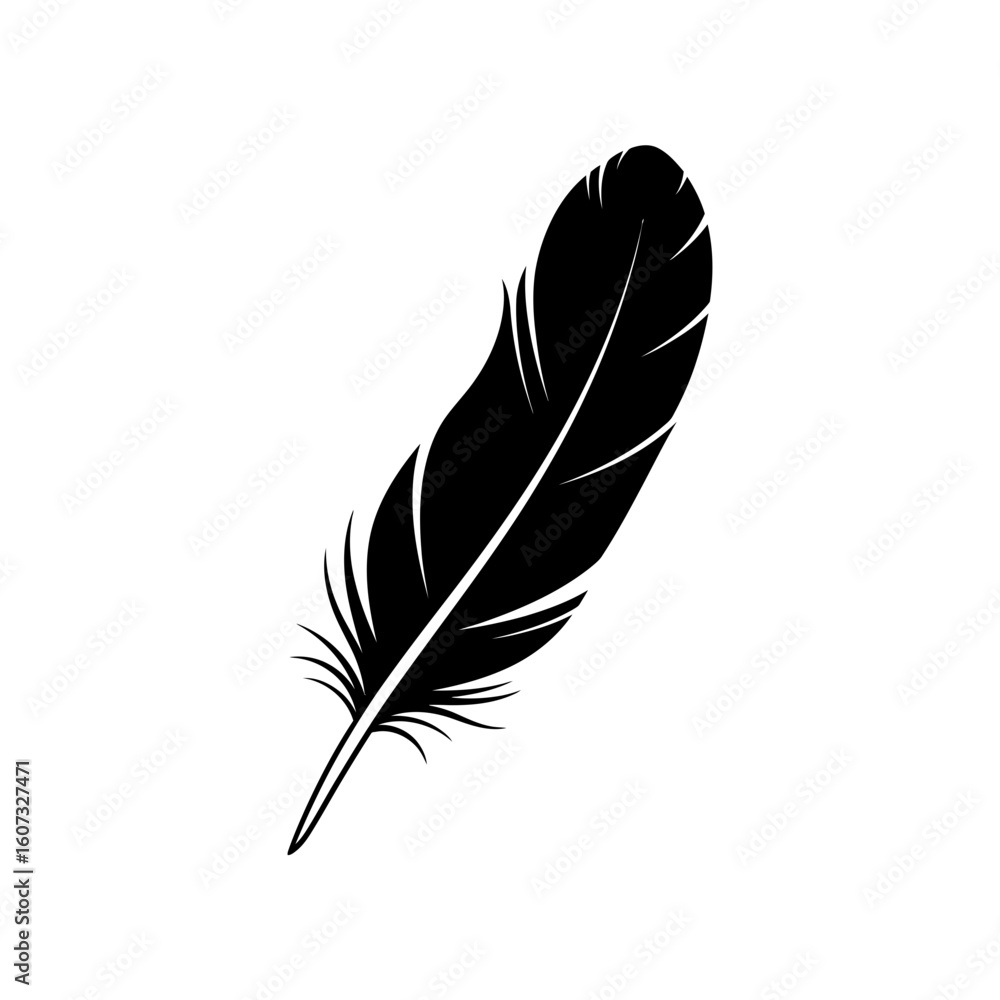 Fototapeta premium A black feather is isolated on white background, displaying a simple and elegant design