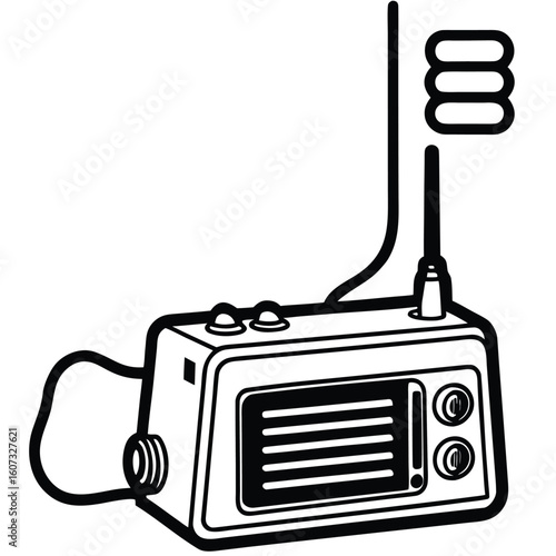 Vintage portable radio with telescopic antenna and power cord connected to battery pack illustration