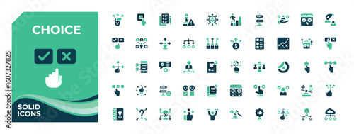 Choice colorful simple solid icon set. Contain filled sign election, decision, list, selection, direction and more. Flat icons set. Mark simple icon set. Vector collection.