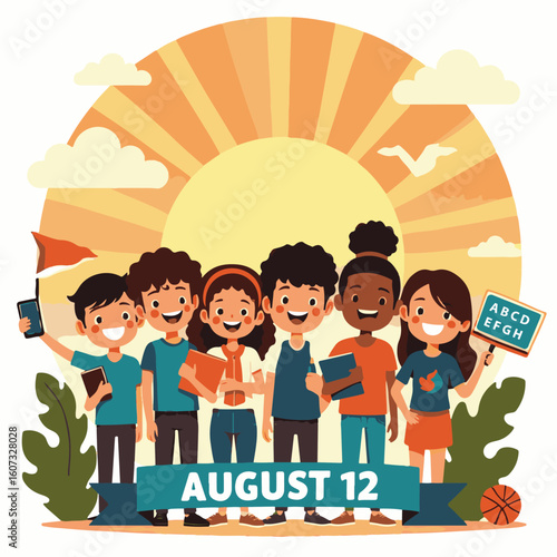 ector illustration celebrating International Youth Day, featuring vibrant and dynamic elements representing youth, energy, and unity. Perfect for social campaigns, educational materials, posters, and 