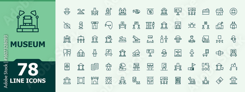 Museum line icon set. Minimalist icons pack. Contains related to artist, culture, exhibit, art, exhibition. Editable stroke. Vector collection. Historical icon set.