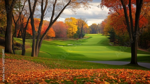 Fototapeta Naklejka Na Ścianę i Meble -  A serene autumn landscape featuring a lush golf course embraced by colorful fall foliage.