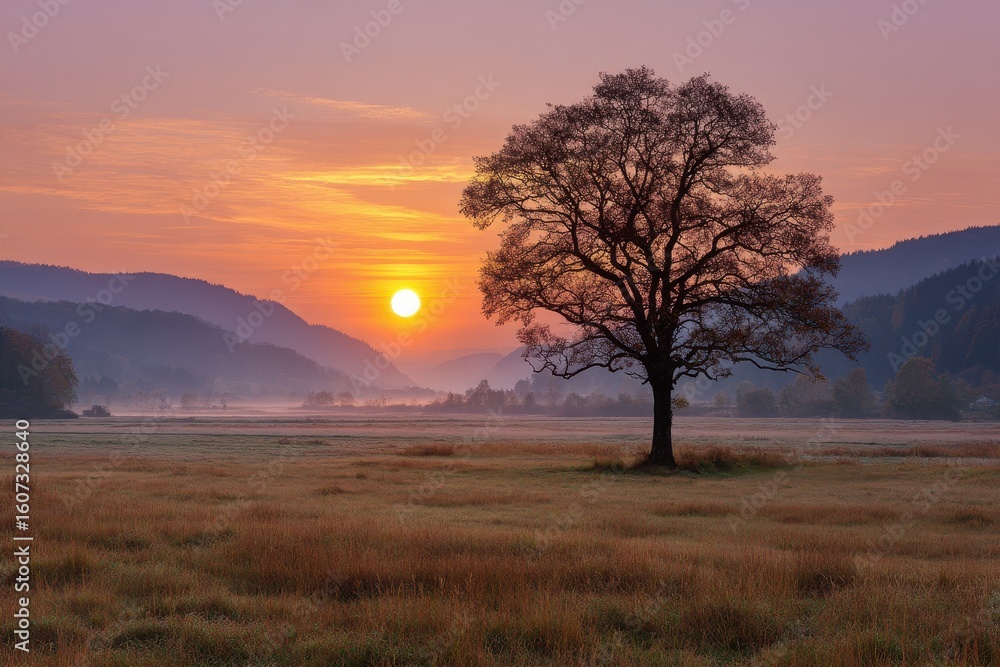 Obraz premium Serene sunrise over rolling hills with a solitary tree in a misty meadow