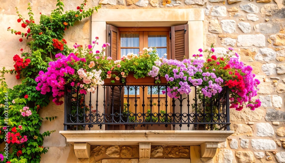 Naklejka premium Ornate balcony overflowing with vibrant flowers