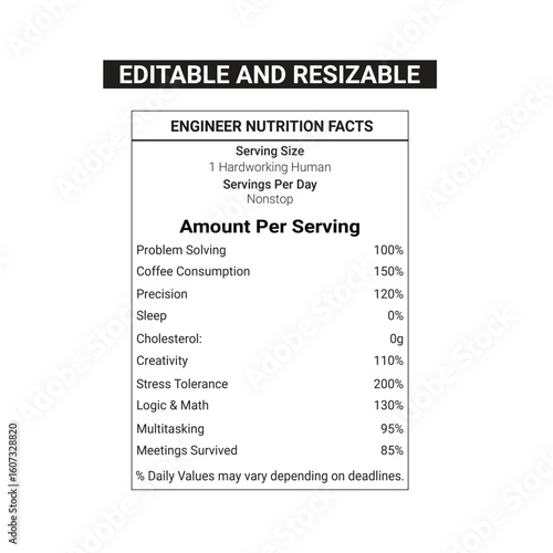 Engineer nutrition facts with 100% editable file for print in tshirt or others print able thinks to gift engineers as a fun	

