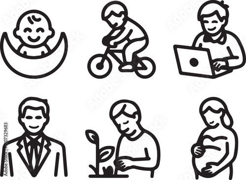 Life Stages Pictogram Set Black and White Line Art Illustrating Development from Babyhood to Childhood Adolescence Adulthood Career Parenthood and Old Age Representing Growth and