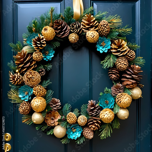 Teal Gold Pine Cone Christmas Wreath on Dark Door  