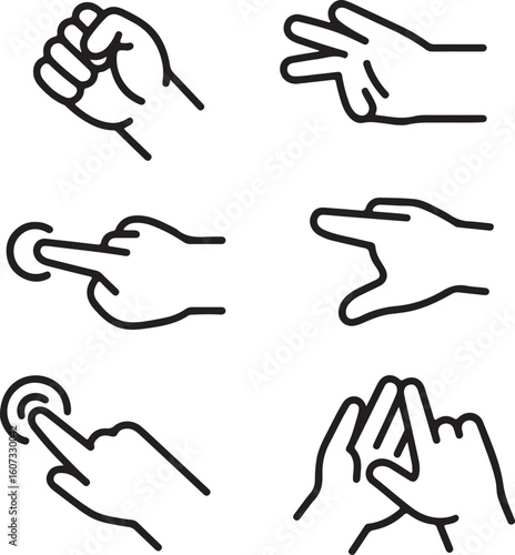 Set of Hand Gesture Icons in Outline Style Including Fist Peace Sign Pinch Pointing Touch and Two Hands Touching Isolated on a White Background