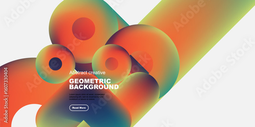 Vibrant abstract shapes blend, creating dynamic geometric background. Colors shift from orange, blue, purple. Modern design element.
