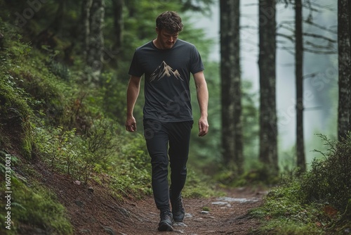 Man in mountain shirt walking on a trail through a green forest