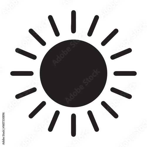 Bold Black Sun Icon Radiating Energy Simple Weather Symbol Minimalist Design Sun Rays Graphic Representation Modern Vector Illustration Weather Forecast