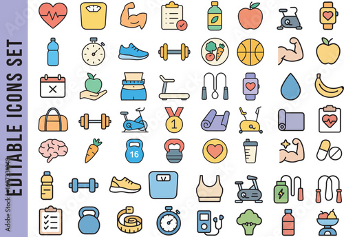 Editable Color Icon Set for Fitness, Gym, and Healthy Lifestyle