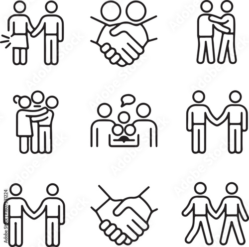 Set of black and white line art icons representing various forms of human interaction including handshakes hugs agreements and teamwork isolated on a white background