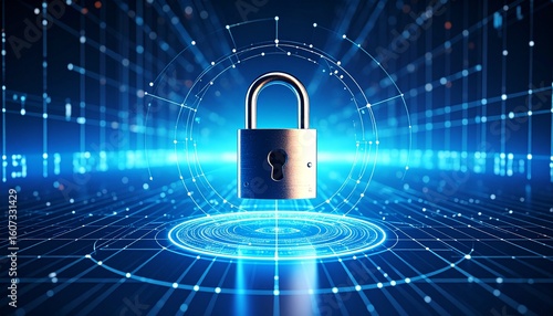 Wallpaper Mural Cybersecurity concept with a floating metallic padlock at the center of a glowing blue digital network, representing data protection and information security. Torontodigital.ca