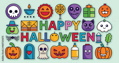 Colorful Halloween icons with pumpkins skulls and text ghost