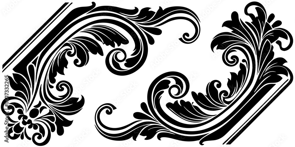 Fototapeta premium Vector Elegant black ornate flourish corner accents add classic decorative beauty to designs, conveying luxury and sophistication.