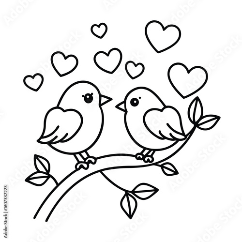 valentine s day coloring page with birds and heart