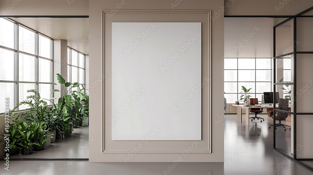 Fototapeta premium Modern office interior with large windows and a blank vertical poster frame for advertising or design
