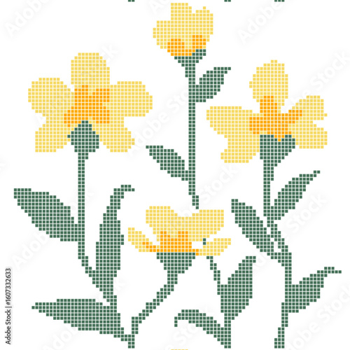 Yellow Cross Stitch Floral Design  Handmade Pixel Flower Pattern