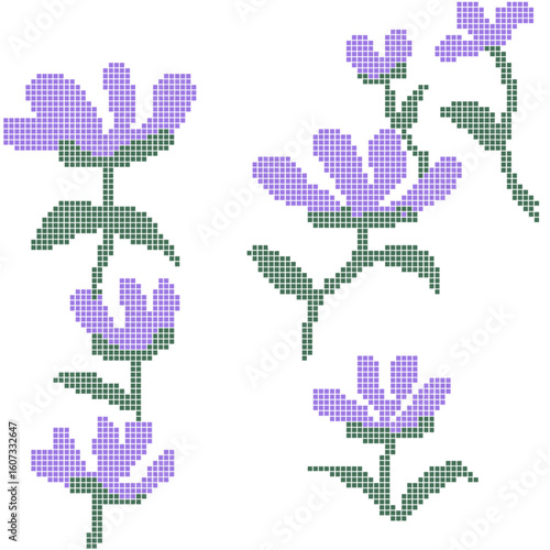 Purple Cross Stitch Flower Pattern  Simple Pixel Style Floral Design
