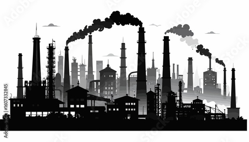A silhouetted industrial landscape with multiple factories and smokestacks emitting smoke into the air.