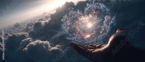 Man's hand with open arms reaching towards the sky with clouds and sunlight