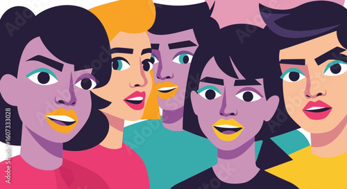 Diverse Abstract group of people with vibrant makeup and expressive faces, ideal for modern design