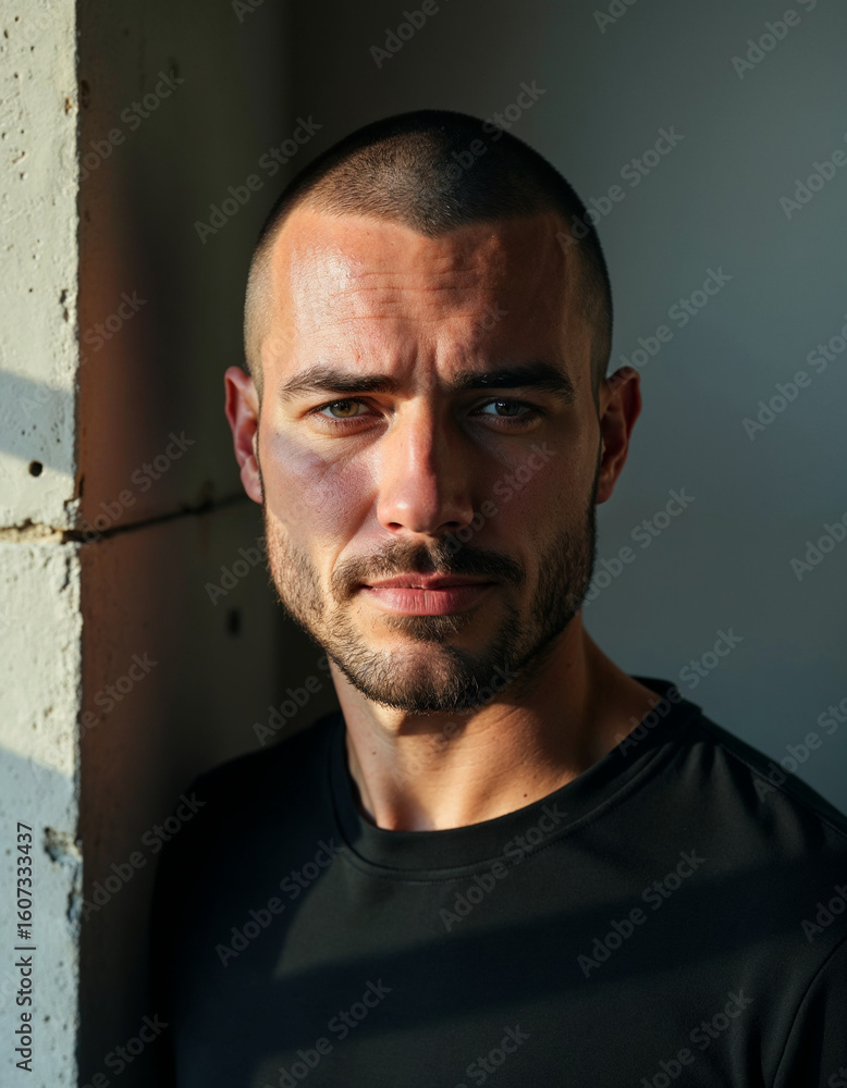 Obraz premium Buzz Cut and Beard Fade – Cinematic Minimal Barbershop