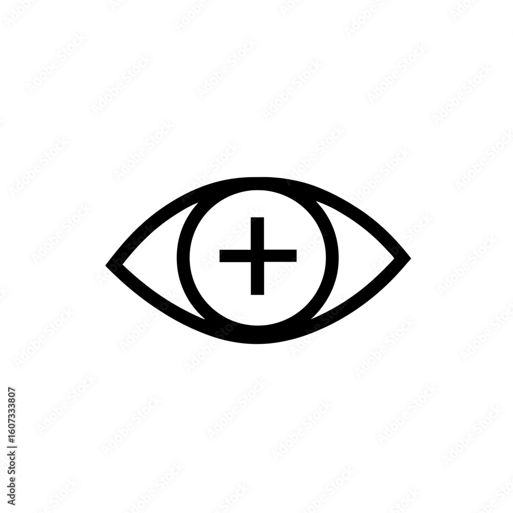 Obraz premium Eye symbol illustration with a plus sign and simple outline design on white background