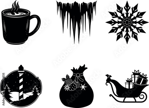 Collection of Winter Holiday Icons Featuring Christmas and Snow