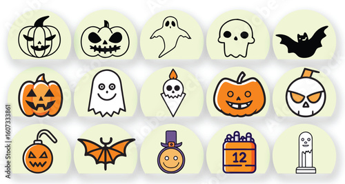 Halloween icons set with pumpkins ghosts bats and skulls jack o lantern